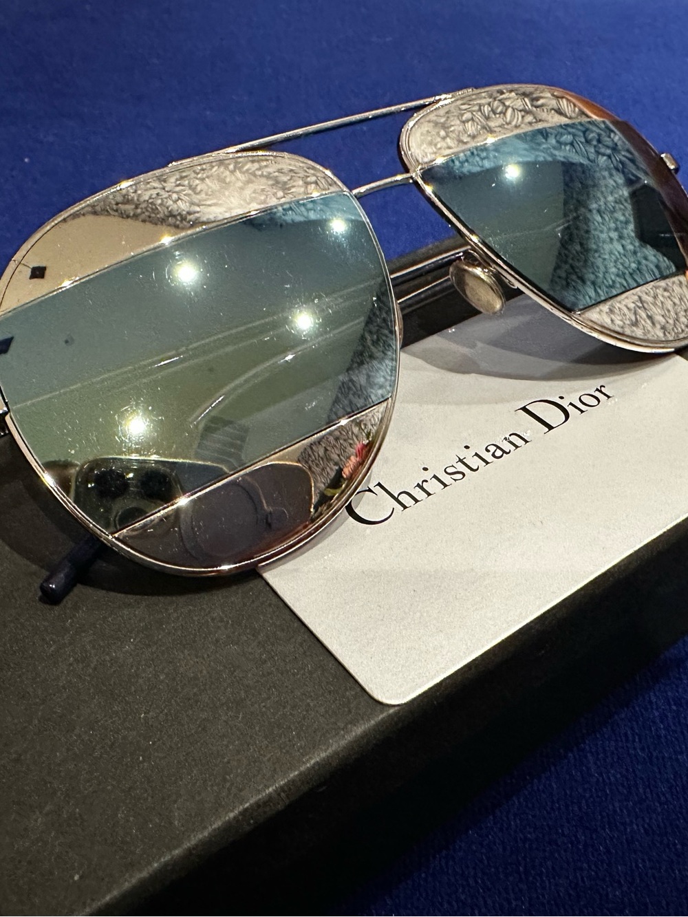 Dior Silver Frame Sunglasses with Blue-Green Mirrored Lenses